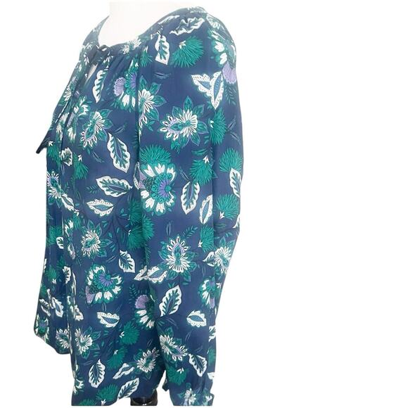 Loft Women’s Long Sleeve Blouse Floral Cotton Size XL Round Neck Navy Green - Picture 5 of 11